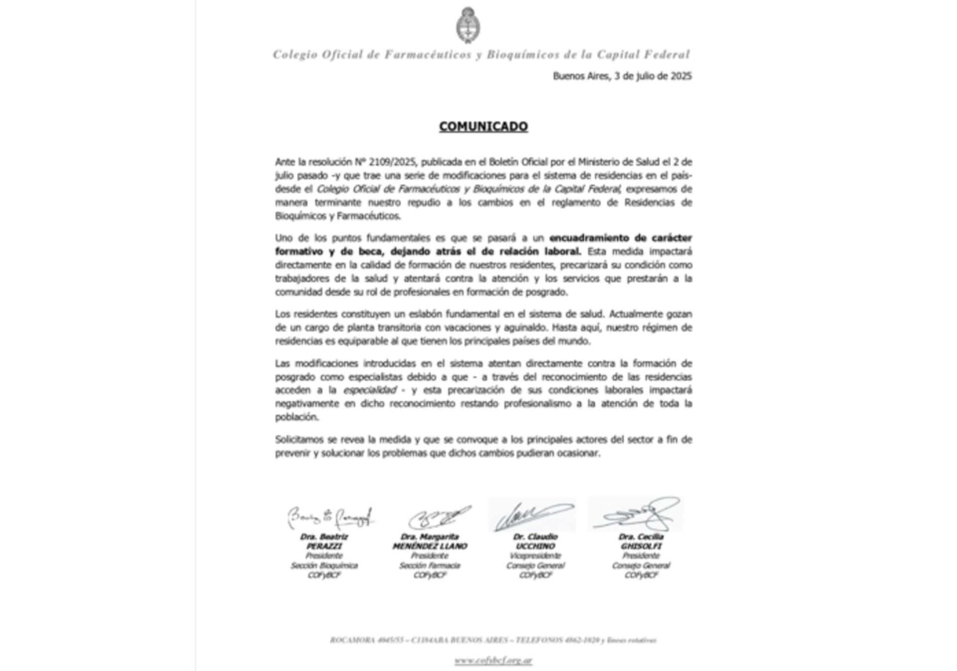 Comunicado en repudio a los cambios en Residencias